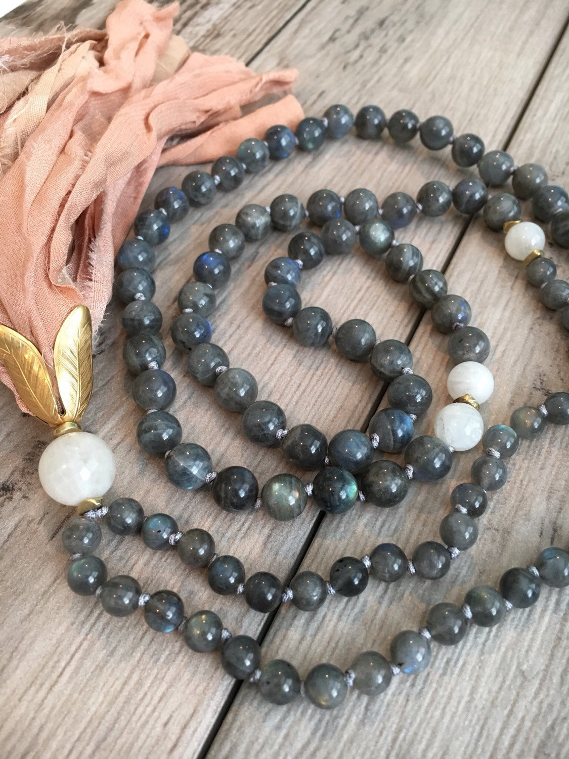 Labradorite and Moonstone Sari Silk Tassel Mala Bead Necklace