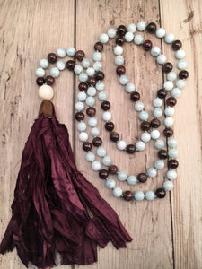 Aquamarine and Garnet Sari Silk Tassel Mala Necklace
