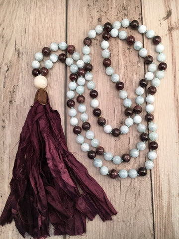 Aquamarine and Garnet Sari Silk Tassel Mala Necklace