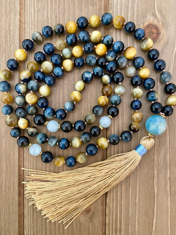 Honey and Blue Tigers Eye Mala Necklace
