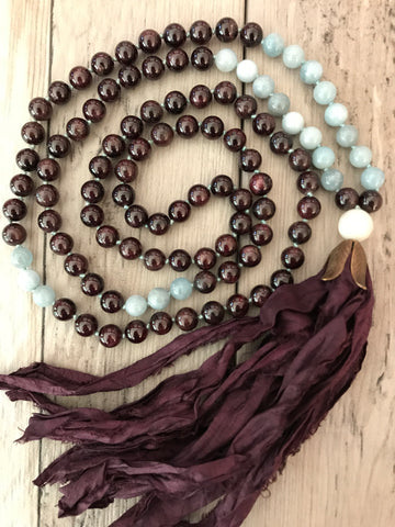 Garnet and Aquamarine Mala Necklace