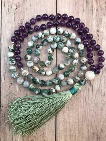 Amethyst and Tree Agate Mala Necklace